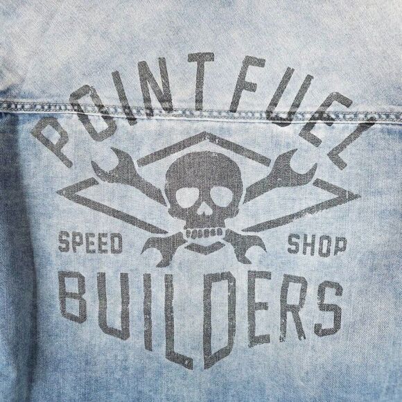 Racing Skull Denim Shirt Mens Size XS Blue Pearl Snap Buttons Point Fuel Speed - Picture 4 of 9